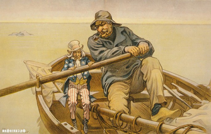 Карикатура – Джон Пирпонт Морган-старший помогает правительству США выплыть из кризиса