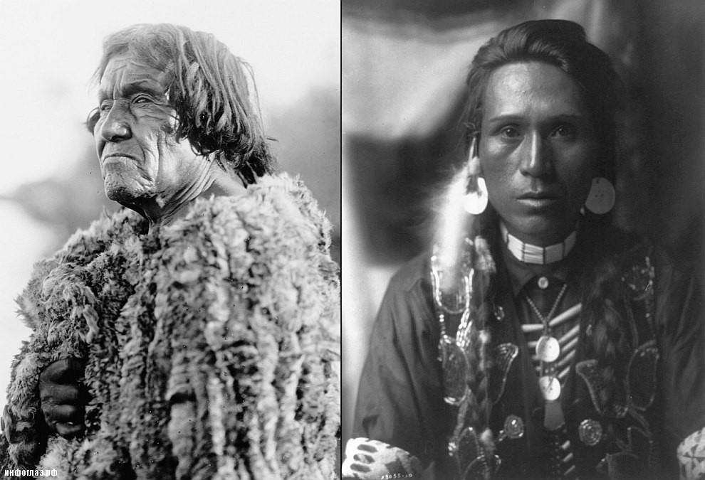 Слева— представитель племени индейцев Мохаве, проживающих в настоящее время в двух резервациях на реке Колорадо. Одет в одежду из кроличьей кожи, 1907 год. Справа — представитель племени Якима, 1910 год