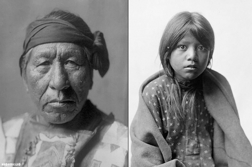 Справа — Восседающий Филин, слева — девушка из древнего поселения индейцев, расположенного неподалеку от города Таос в американском штате Нью-Мексико