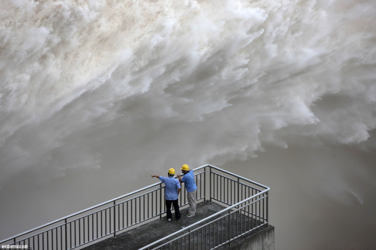 The Three Gorges Dam discharges water to lower the level in a reservoir in Yichang