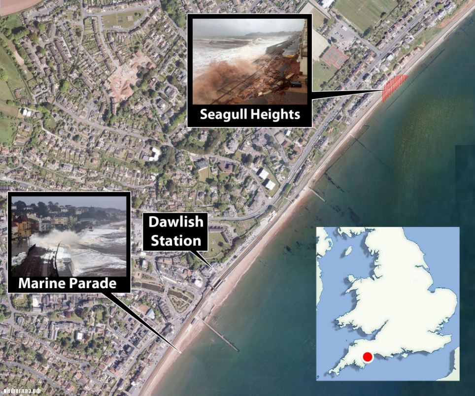 Where the damage is: Huge waves whipped up by high winds smashed a 100ft section ofthe sea wall in Dawlish, 12 miles south of Exeter, causing the collapse of the main coastal railway line linking London and Cornwall