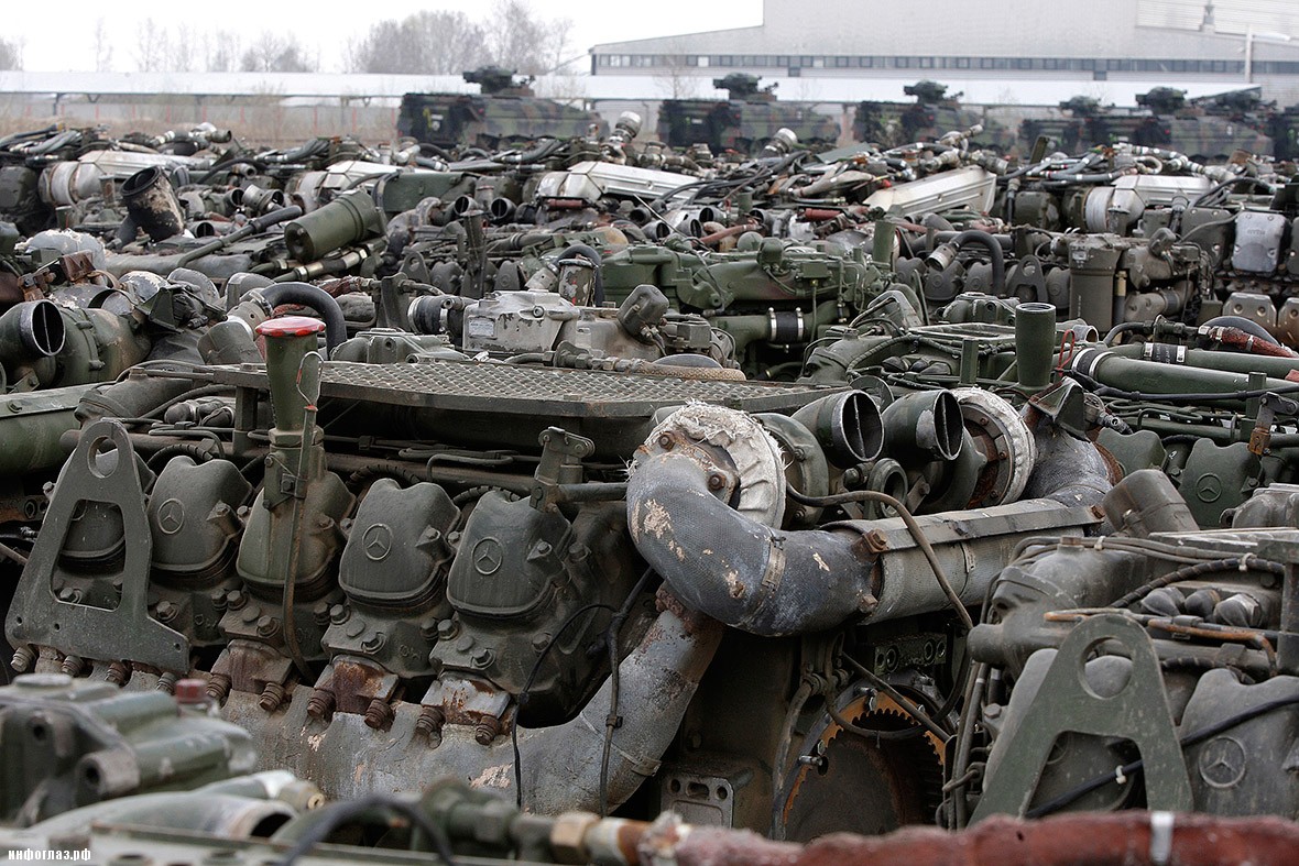 Rows of tank engines are seen at the compound of Koch Battle Tank Dismantling